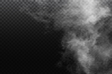 Realistic clouds effect on transparent background. White fog or smoke texture.