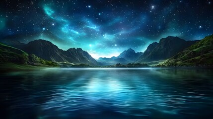 Serene Night Sky Over Tranquil Lake and Majestic Mountain Range