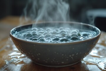 Steaming bowl of berries on wooden table