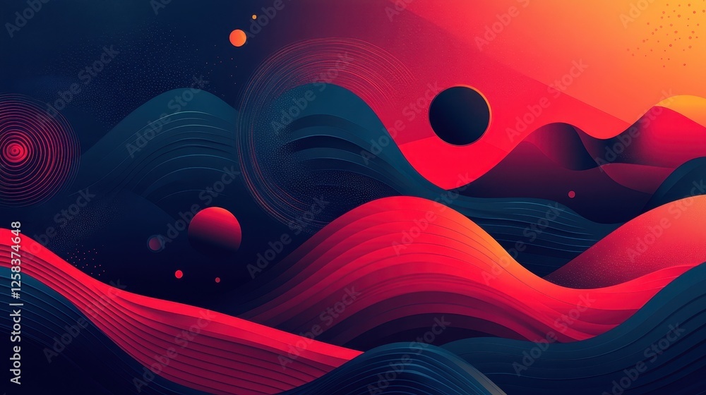 Poster contrasting tides, dynamic abstract gradient waves and circular forms