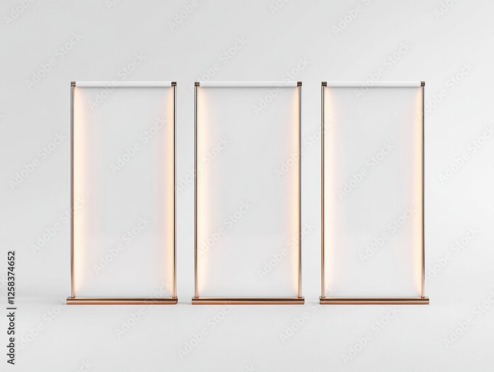 Aufkleber stand frames with glowing edges against neutral backdrop presentation element arrangement