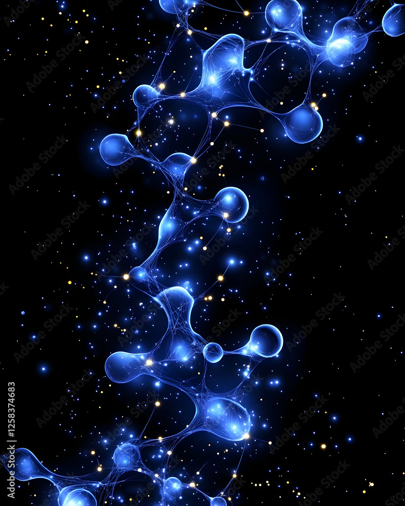Aufkleber abstract 3d network structure with blue nodes, golden sparkles on a black background for future tech