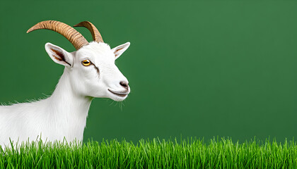 Fototapeta premium A white goat stands in grass against a green background, perfect for pet or farm ads