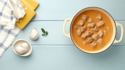 Fototapeta premium Authentic Estonian Cuisine Dish with Tender Meat in Creamy Sauce on Light Blue Background