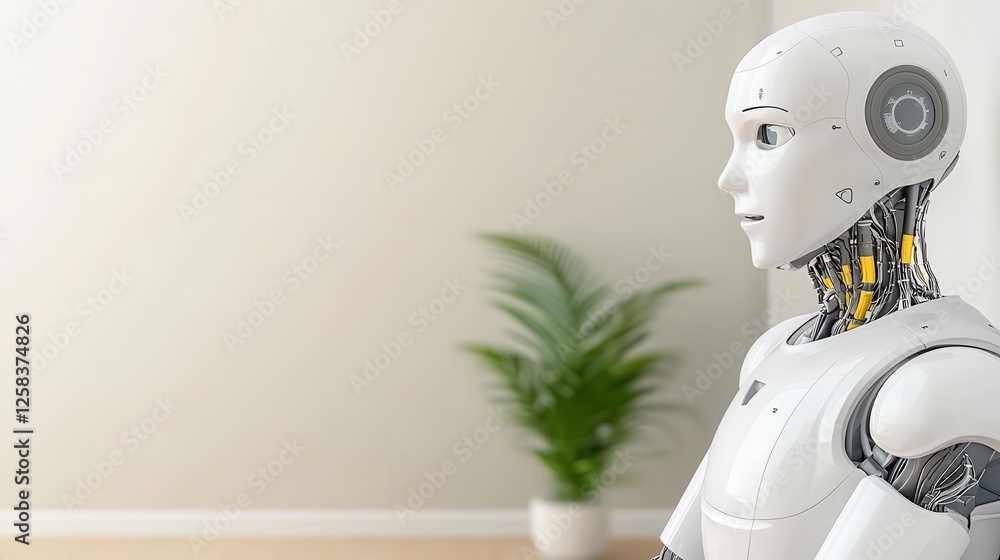 Poster futuristic robot with realistic features in modern indoor setting displaying advanced technology and