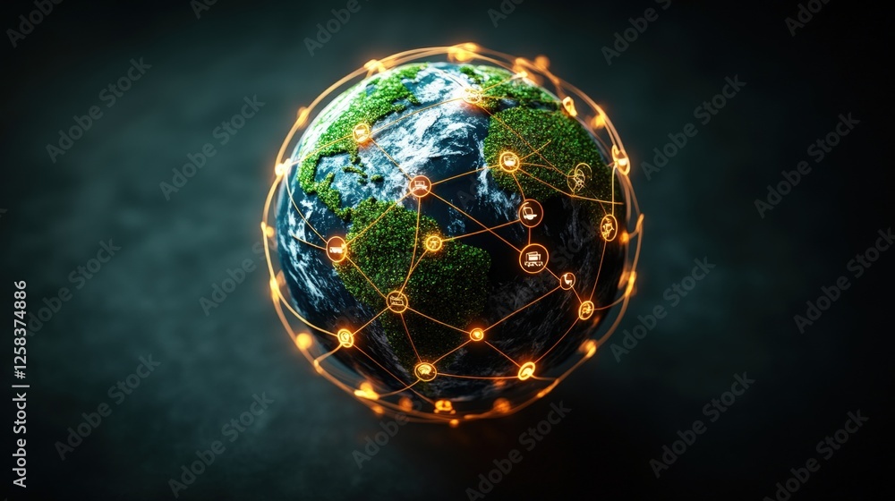 Poster globe with network connections and lines representing global communication and technology advancemen
