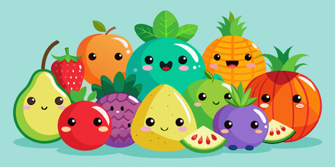 Cute Cartoon Fruits in Kawaii Style with Smiling Faces and Bright Colors in Playful Vector Art