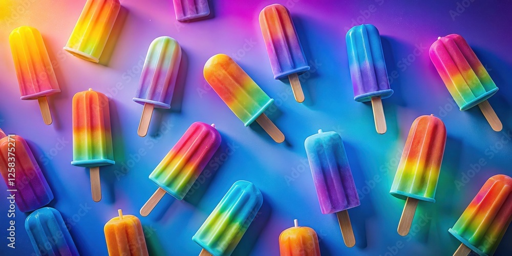 Poster a vibrant array of rainbow popsicles scattered on a colorful background, perfect for summer themed d