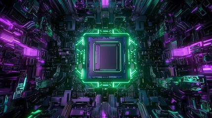 Fototapeta premium Abstract neon purple and green digital technology tunnel with glowing square core.