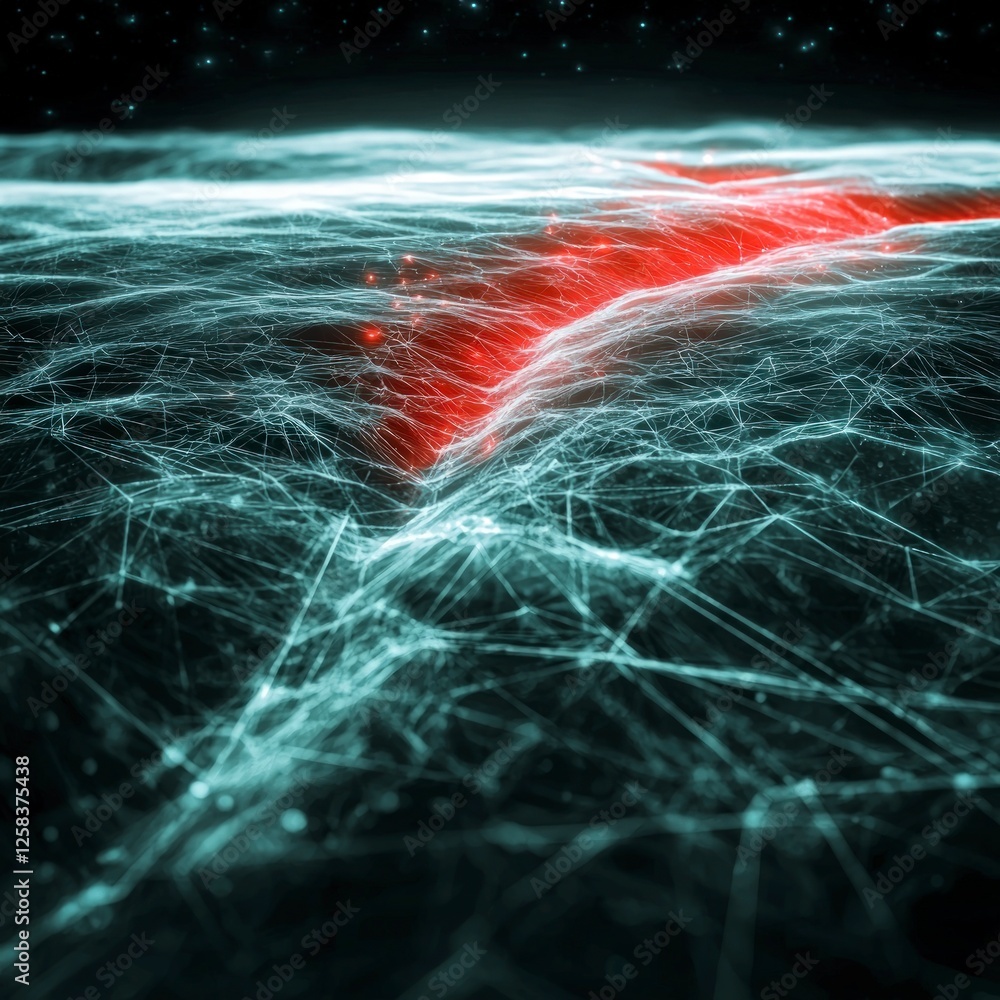 Poster abstract digital network: teal and red lines on dark background