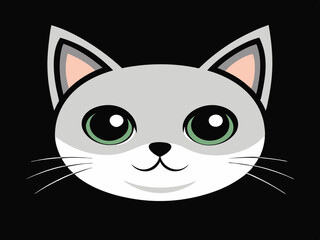 Cute Cartoon Cat Face with Teal Eyes and Pink Nose in Kawaii Style on Black Background