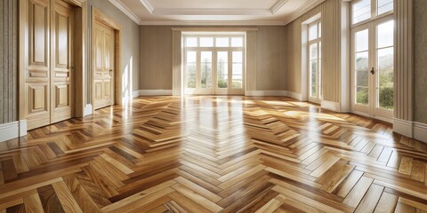 Obraz premium Sunlit Empty Room with Elegant Herringbone Wood Flooring and French Doors