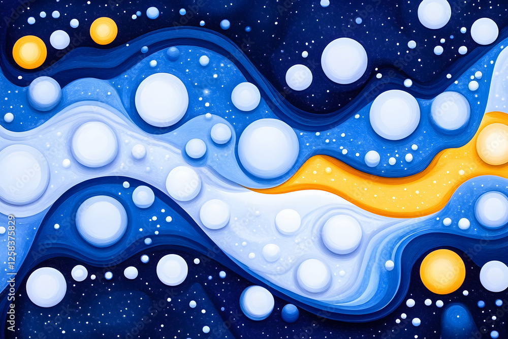 Poster abstract fluid art painting with white bubbles in motion for print or web design background
