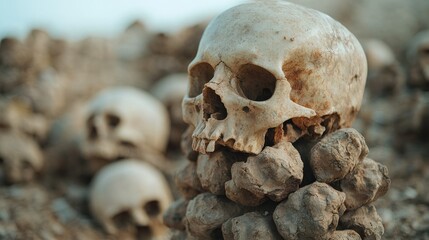 Skull on a pile of rocks, among many other skulls, cemetery