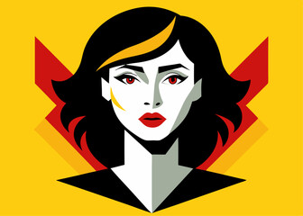  Stylized Woman Portrait with Black Hair and Red Lips in Pop Art Style on Yellow Background