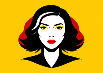  Stylized Woman Portrait with Black Hair and Red Lips in Pop Art Style on Yellow Background