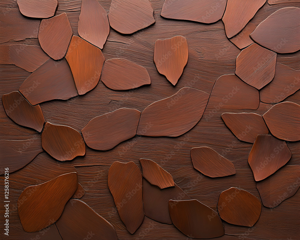 Poster abstract leaf shapes creating a pattern on a textured dark brown wooden surface for design