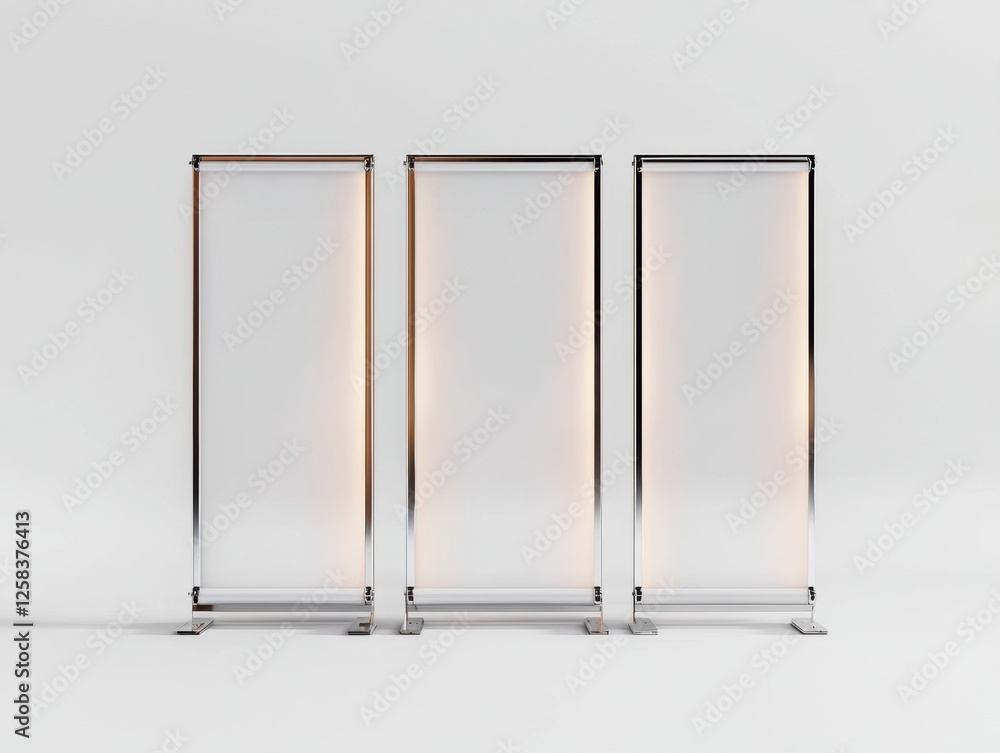 Poster three blank display stands for visual communication and marketing promos ready for custom graphics