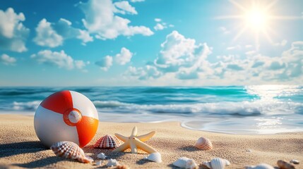 Obraz premium Beach scene with seashells ball and dreamy summer escape