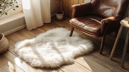 Cozy chair with a fluffy rug in sunlight.