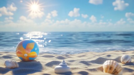 Obraz premium Beach scene with seashells ball and endless ocean beauty