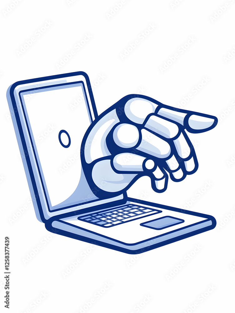 Poster ai assistant. robot hand emerging from laptop screen. technology concept, communication background
