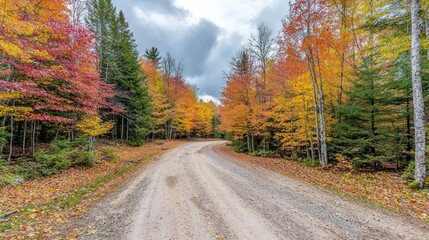Naklejka premium Scenic autumn road through vibrant fall foliage.