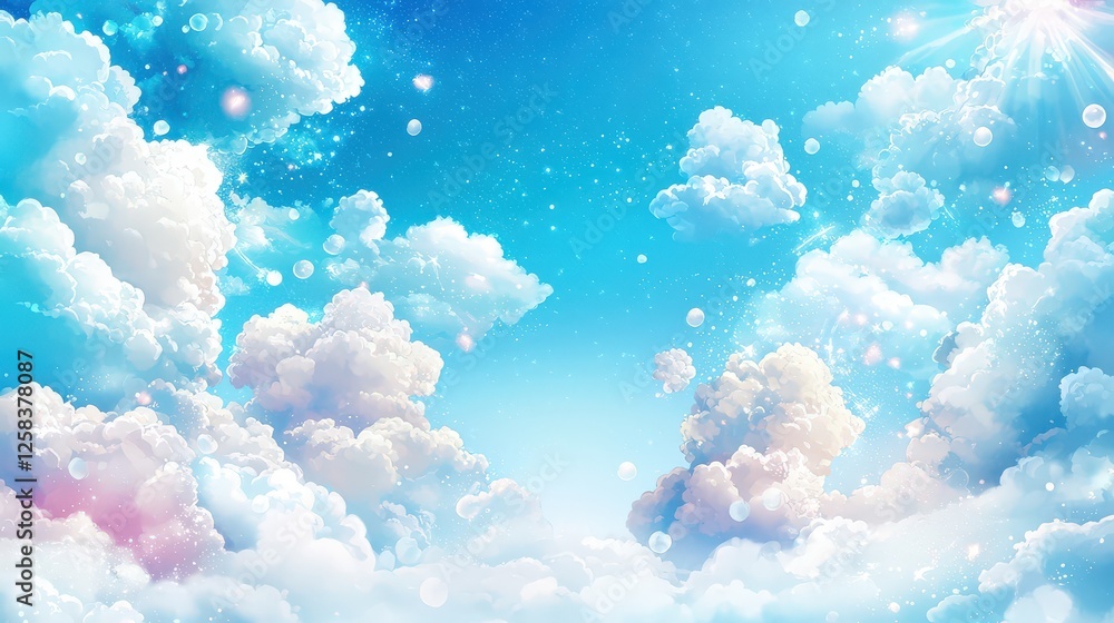 Poster a mesmerizing sky with scattered clouds illuminated by soft sunlight, creating a peaceful and uplift