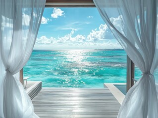 Tranquil Ocean View from Villa with Flowing White Curtains Azure Waters Blue Sky Sunlight