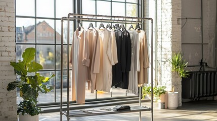 Clothing rack displaying various garments in a bright, modern interior space during daylight hours