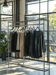 Showcasing a collection of stylish clothing hung on a sleek rack in a modern retail space with ample natural light and greenery