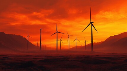Obraz premium Sunset Over Wind Turbines in a Desert Landscape at Dusk