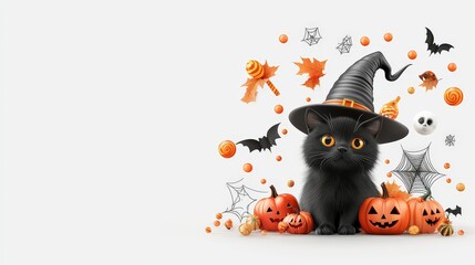 A playful Halloween composition with a curious black cat, a witch's hat, and a collection of spooky symbols, all isolated on a white background for a crisp look.