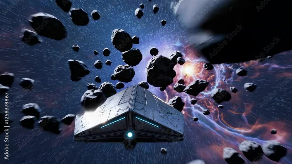 Poster spaceship navigating through an asteroid field in a vibrant galaxy environment