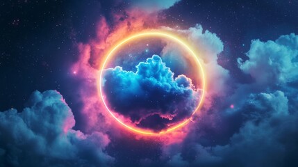 Fototapeta premium Abstract glowing cloud surrounded by glowing rainbow neon ring, surreal environment generative ai