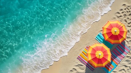 Elegant beach umbrellas decorating peaceful ocean near glowing sandy coastline