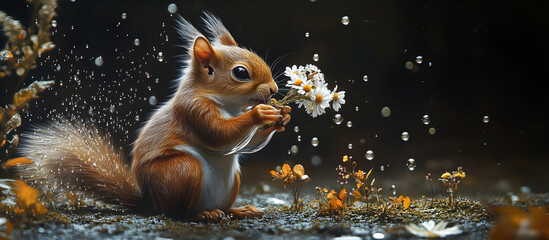 Fototapeta premium Adorable Squirrel Holding Wildflowers in a Magical Rainy Forest with Glowing Water Droplets and Soft Lighting