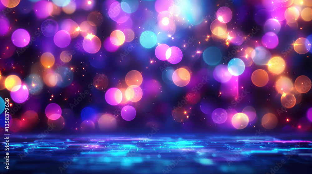Poster vibrant abstract technology background with colorful bokeh lights and glowing patterns, creating dyn