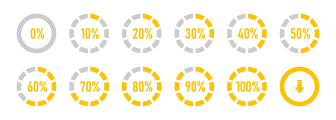 Circle loading or circle progress collection. Set of circle percentage diagrams for infographics 0 10 20 30 40 50 60 70 80 90 100 percent in yellow color. Vector infographics set.