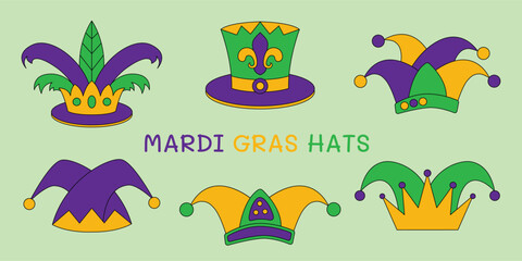Naklejka premium Mardi Gras jester hats collection in purple, green, and gold. Colorful Mardi Gras hats set with festive jester designs