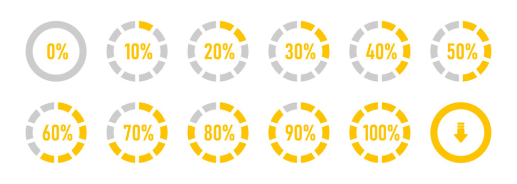 Circle loading or circle progress collection. Set of circle percentage diagrams for infographics 0 10 20 30 40 50 60 70 80 90 100 percent in yellow color. Vector infographics set.
