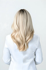 Fototapeta premium Blond woman back portrait in suit. Hairstyle is wavy on neutral background. For beauty or fashion
