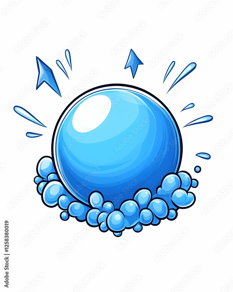 Poster blue ball sparkling with water element cartoon icon for mobile game or ui asset on white background