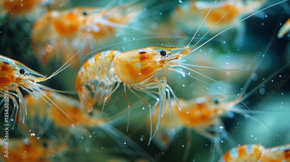 Poster a swarm of colorful shrimps can be seen swimming gracefully in a lush aquatic environment filled wit
