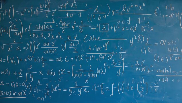 Chalkboard filled with advanced mathematical equations and formulas, concept of education, mathematics, physics