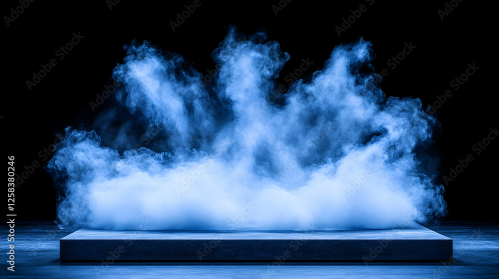 Poster blue fog spreads around the podium creating a mysterious atmosphere, suitable for product display