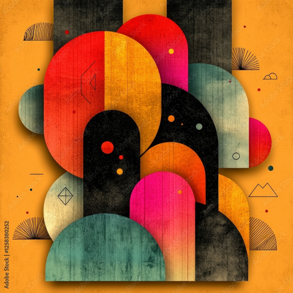 Poster abstract geometric composition with overlapping circles and wooden texture