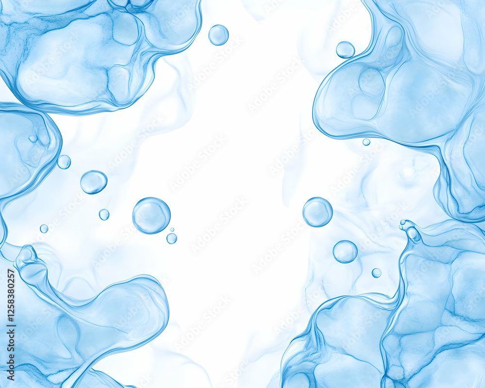 Poster blue fluid with bubbles around a white blank space, can be used to add text on a web page