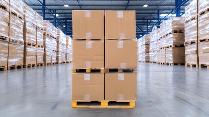 Cardboard boxes stacked on pallets in a warehouse