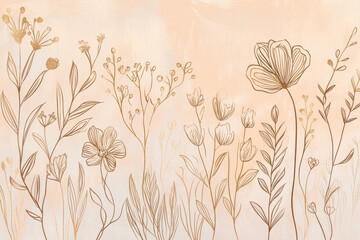 Abstract hand-drawn floral doodles in gold ink, set on a soft peach background, creating a personal, heartfelt design with delicate touches of artistry.